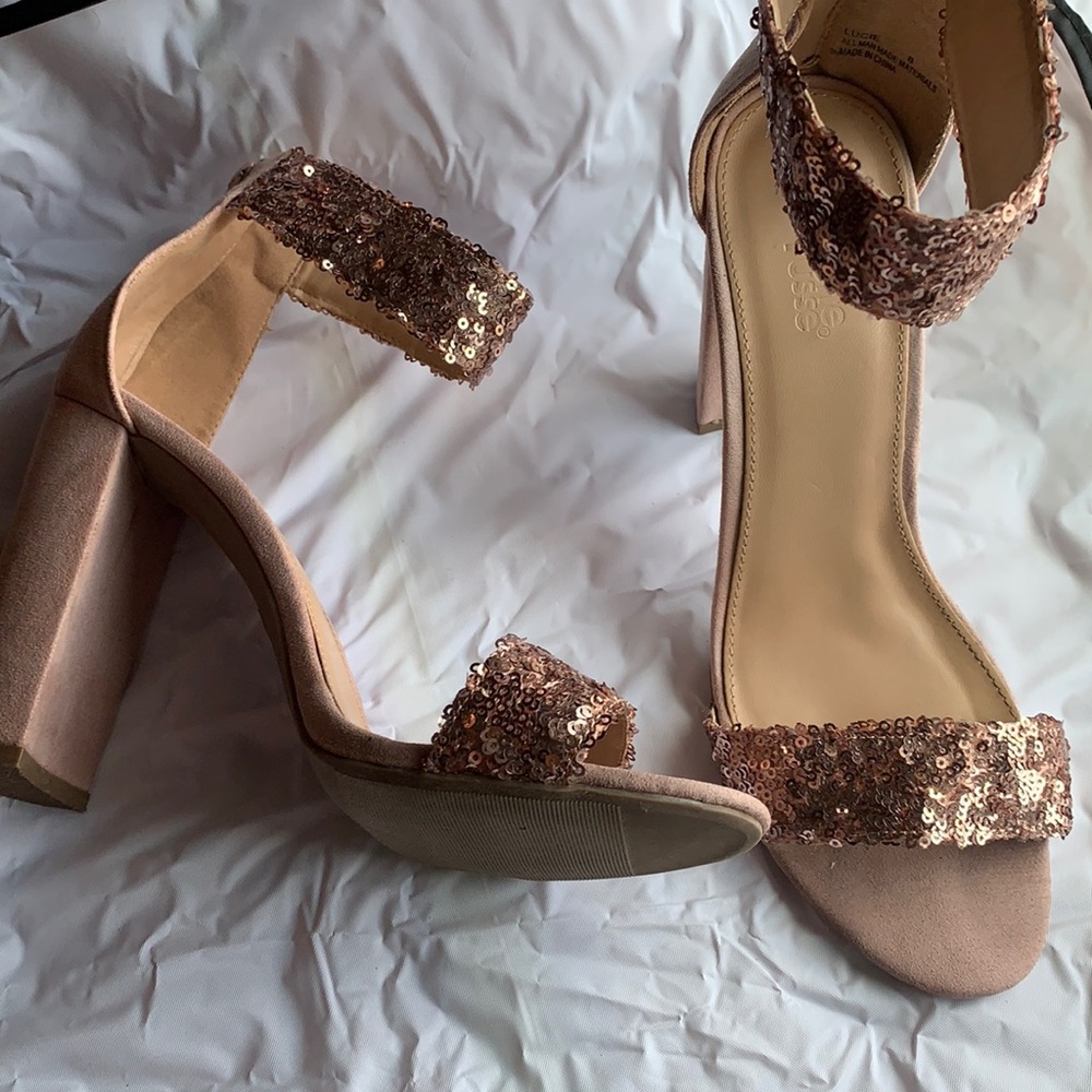 Light pink sequin suede heels